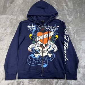 NEW Ed Hardy Hoodie Mens M Blue Berry Love Kills Slowly Zip Up EHMTJ1301-18